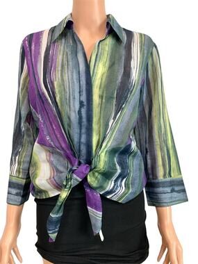 Lafayette 148 10 button knot tie front 3/4 sleeve blouse TB2 3385